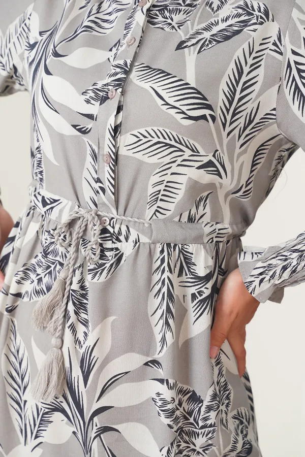 2145 Patterned Hijab Dress - Stone