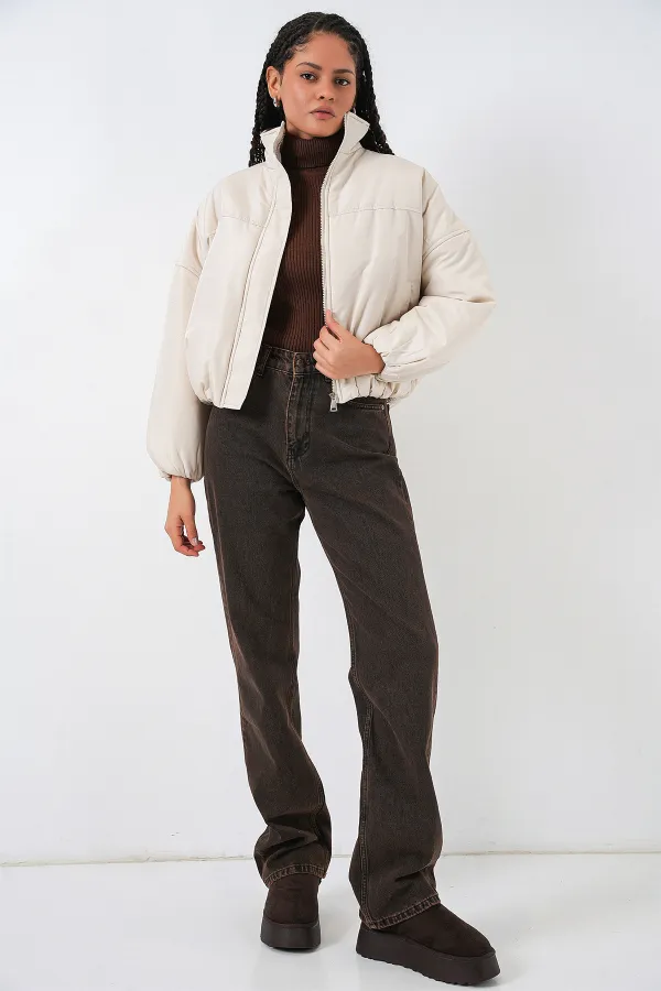 Kadın Oversize Bomber Şişme Mont 5124 - Ekru