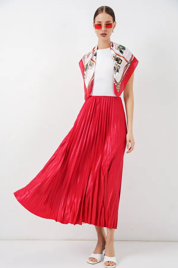 Jupe plissée aspect cuir 8009 - Rouge