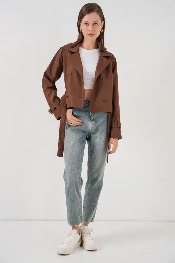 Women's Belted Short Trench Coat 5970 - Brown Women's Belted Short Trench Coat 5970 - Brown