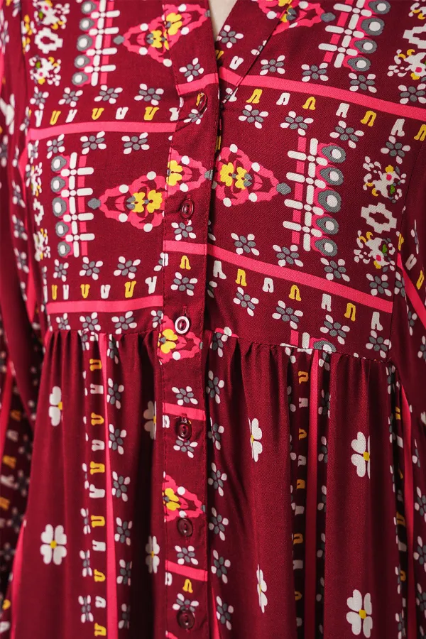 Kadın Desenli Uzun Tesettür Elbise 2585 - K. Kırmızı