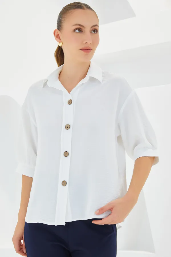 Women's White Short Sleeve Oversize Linen Shirt 20240