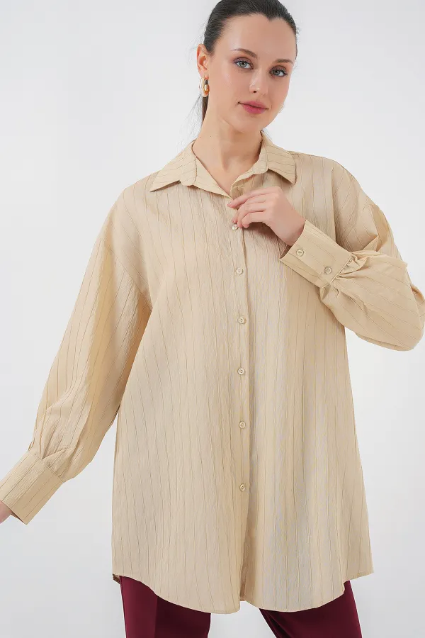 Women's Striped Long Shirt Tunic 5963 - Beige