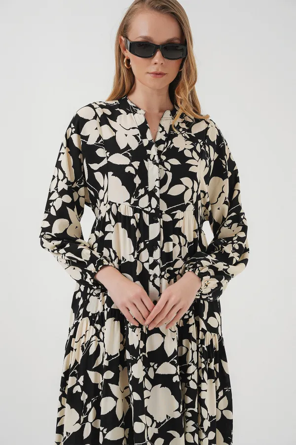 Robe hijab à motifs authentiques 2423 - Noir - Blanc1