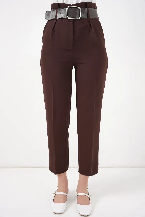 6556 Kemerli Kumaş Pantolon - Kahverengi