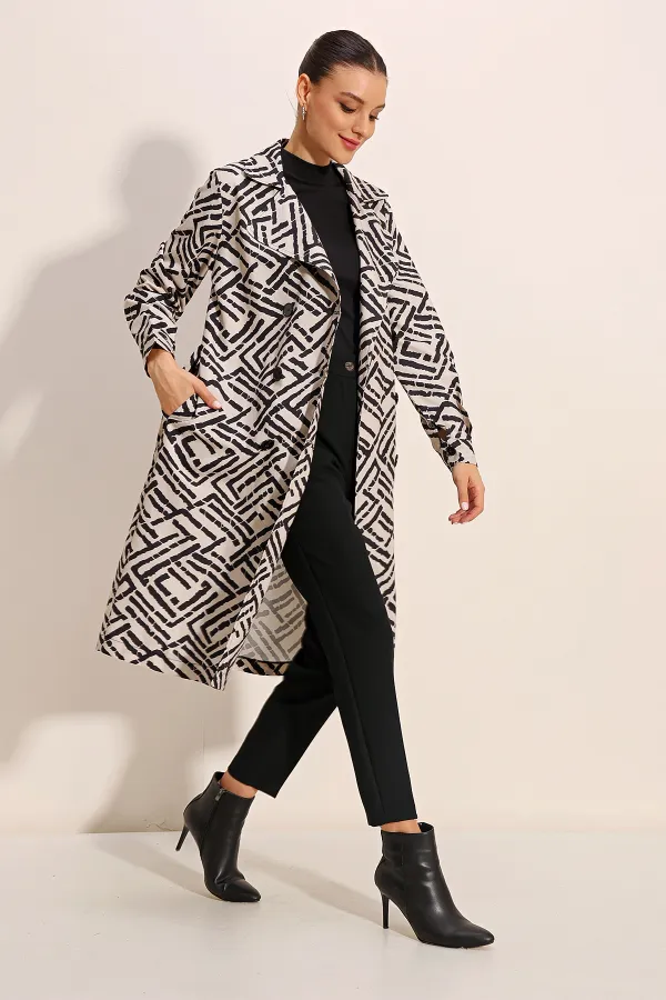 5853 Patterned Double-Breasted Trench Coat - C.White