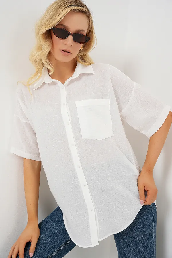 Chemise à manches courtes pour femme, aspect lin, réf. 20336 - Blanche