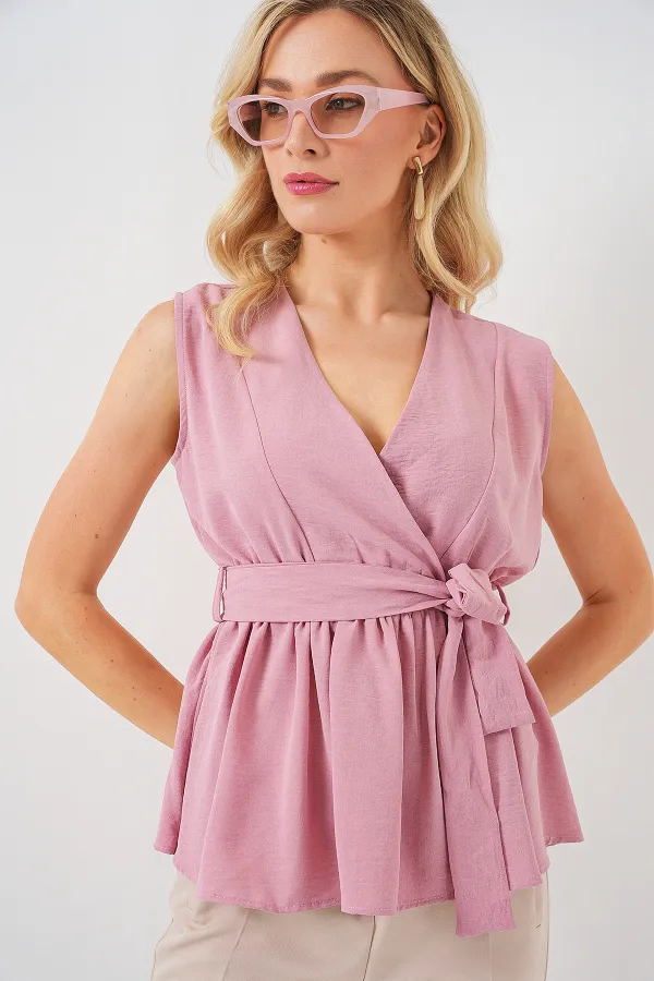 Kadın Kruvaze Yaka Kolsuz Bluz 966 - Pudra