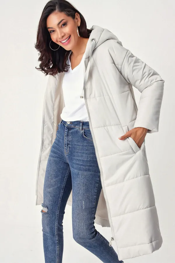 5120 Hooded Long Puffer Jacket - Ecru