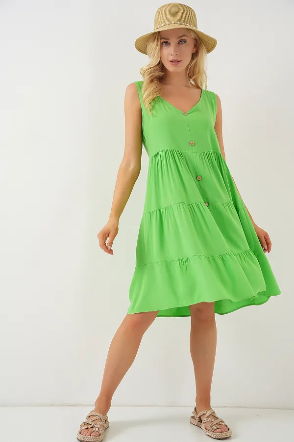 Women's Sleeveless Buttoned Short Dress 2571 - Green