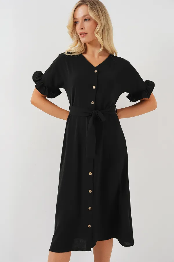 Women's Short Sleeve Buttoned Dress 2555 - Black