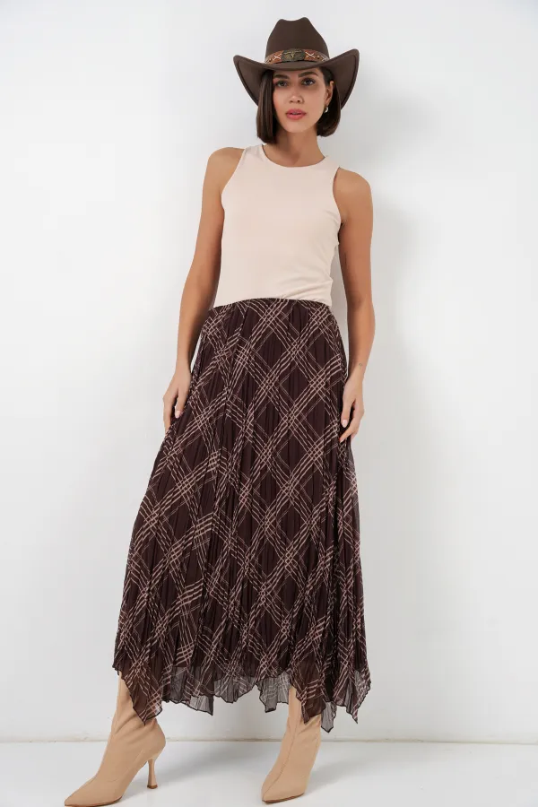 Kadın Asimetrik Kesim Şifon Etek 8056 - Kahverengi