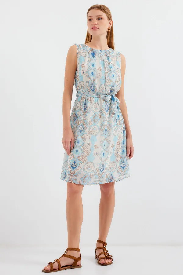 2501 Desenli Sıfır Kol Şifon Elbise - Mavi