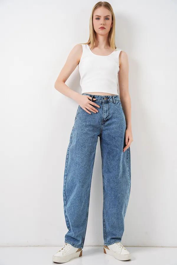 6689 Kadın Yüksek Bel Baggy Kot Pantolon - Mavi