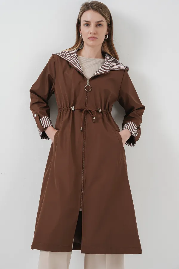 9091 Beli Büzgülü Kapşonlu Trençkot - M. Kahverengi