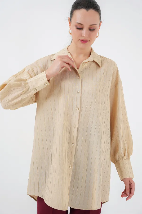 Women's Striped Long Shirt Tunic 5963 - Beige