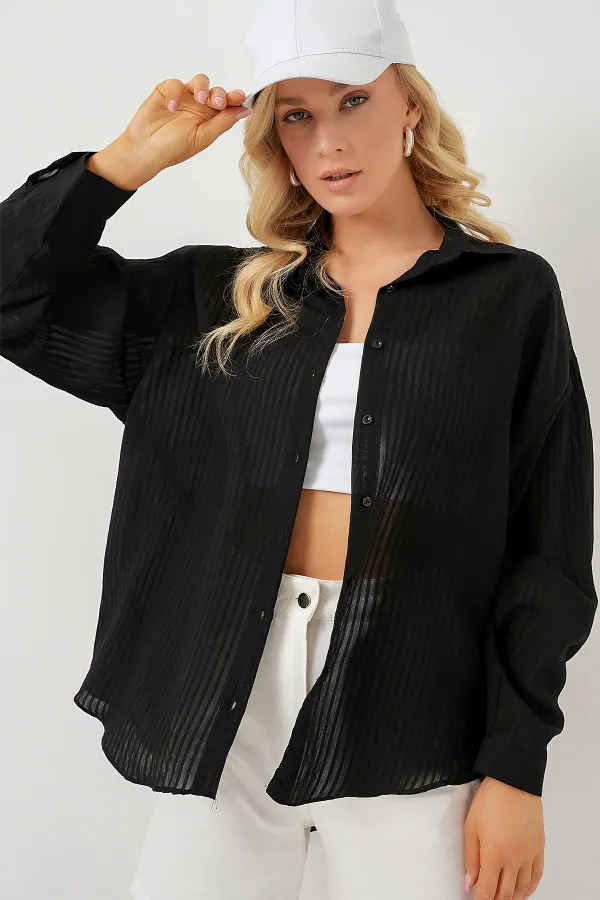 Kadın Uzun Oversize Gömlek 20320 - Siyah