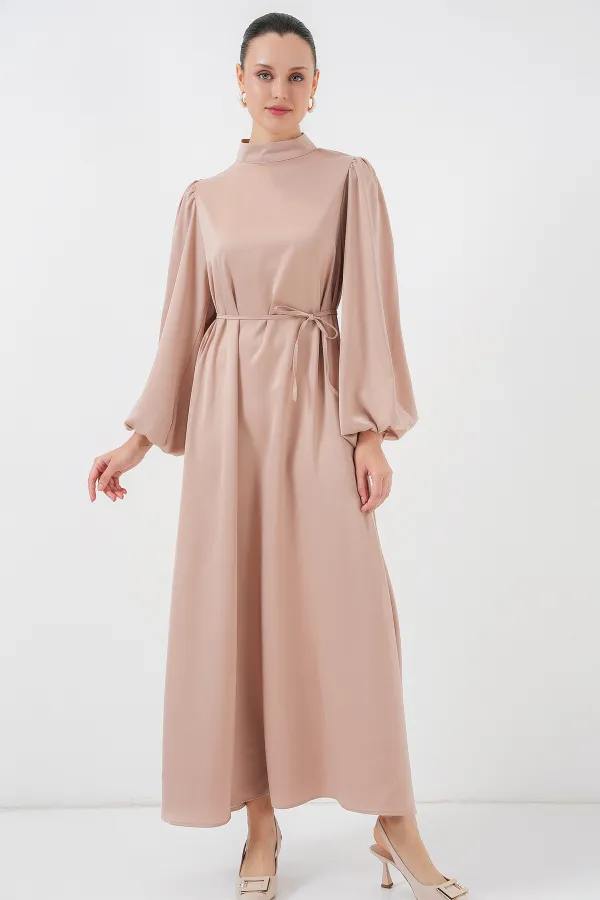 2510 Satin Hijab Evening Dress - Biscuit