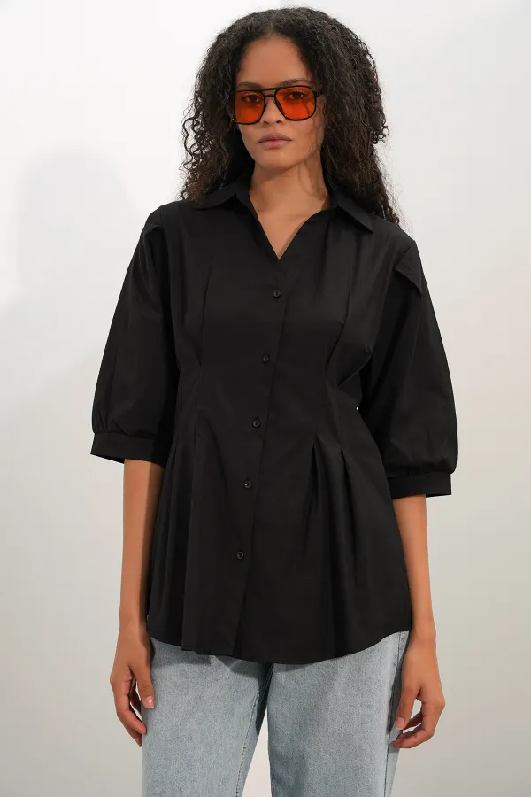 Women's Long Waist-Fitting Shirt 20383 - Black