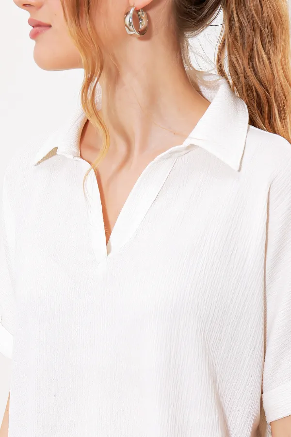 Chemisier blanc oversize en maille à col polo pour femme 0486