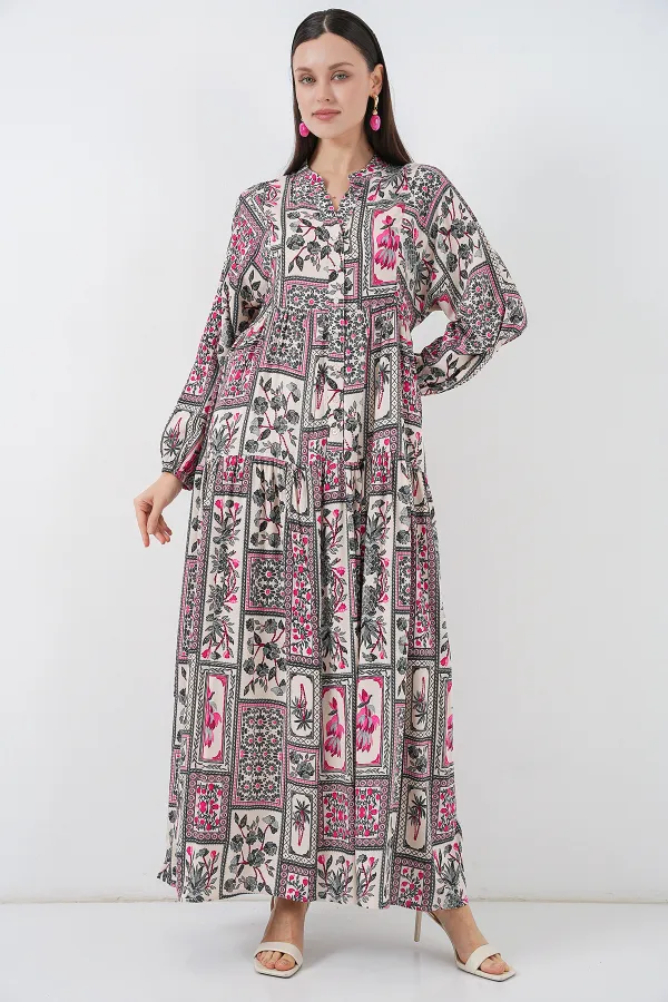 Robe longue hijab à motifs pour femme 2585 - B. Fuchsia