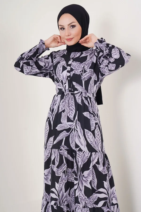 2145 Desenli Tesettür Elbise - D. Siyah