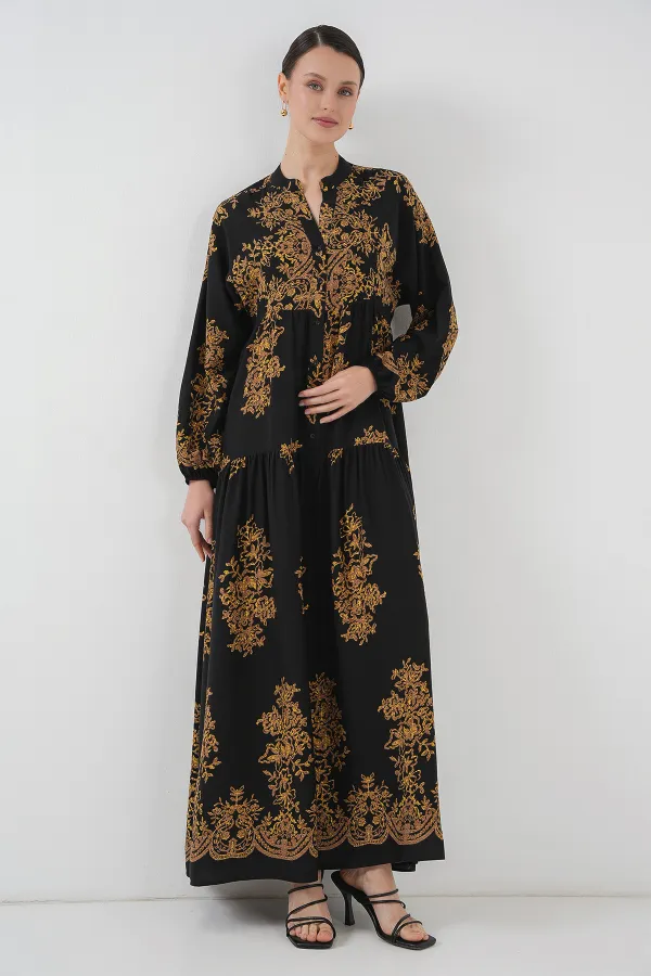 Black Gold Patterned Hijab Dress 2423