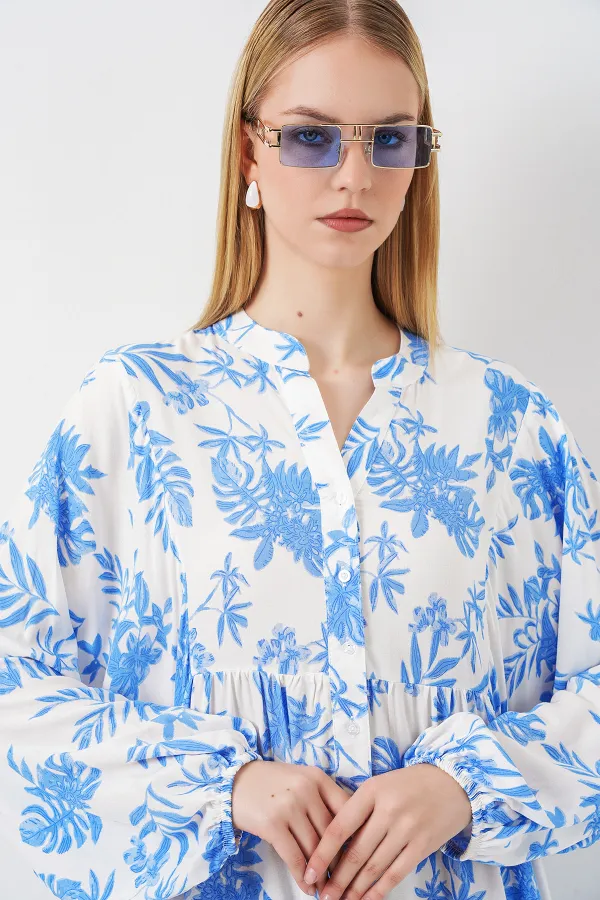 Kadın Desenli Uzun Tesettür Elbise 2585 - Buz Mavi