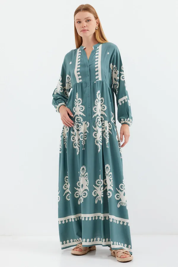 2423 Otantik Desenli Tesettür Elbise - F.Mint