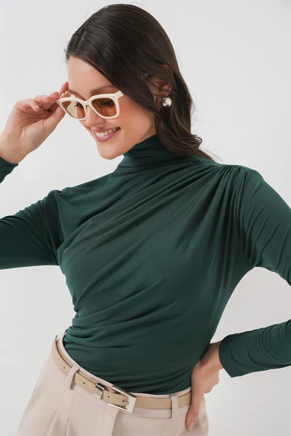 925 Büzgü Detaylı Sandy Bluz - Zümrüt Yeşili