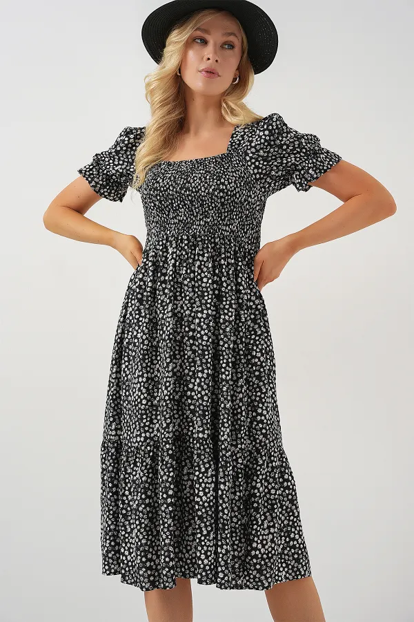 Kadın Kısa Kol Çiçekli Elbise 2556 - Siyah