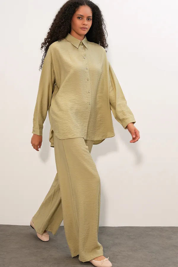 Women's Textured Shirt and Pants Two-Piece Set 6710 - Çağla Women's Textured Shirt and Pants Two-Piece Set 6710 - Çağla