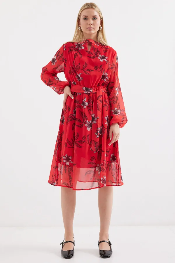 2459 Lined Patterned Tulle Dress - Red