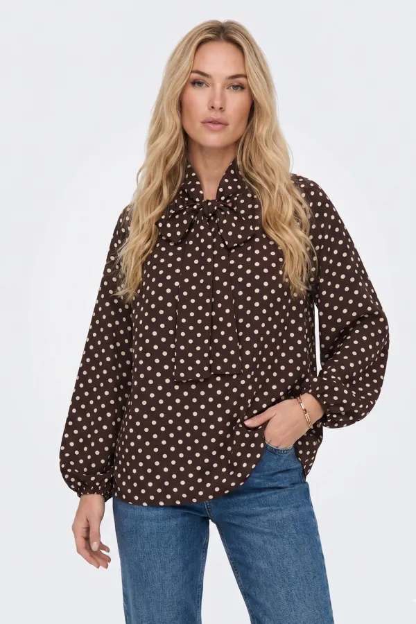 Women's Polka Dot Scarf Collar Blouse 40007 - Brown