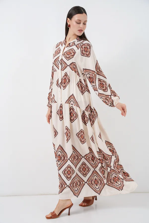 Kadın Desenli Uzun Tesettür Elbise 2585 - Ekru Kahve