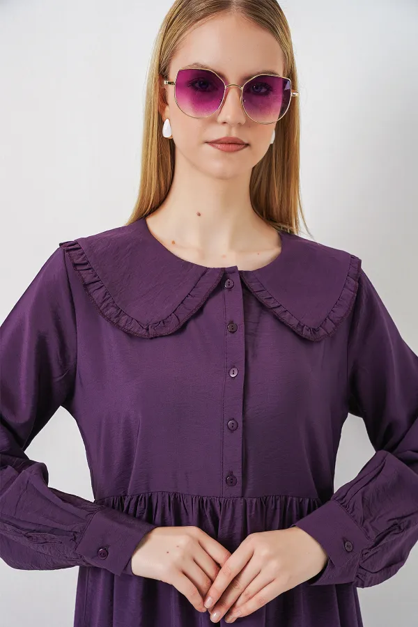 Kadın Bebe Yaka Uzun Tesettür Elbise 2592 - Mor