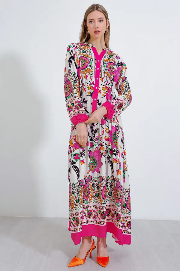 Robe hijab en viscose à motifs crème fuchsia pour femme 2423