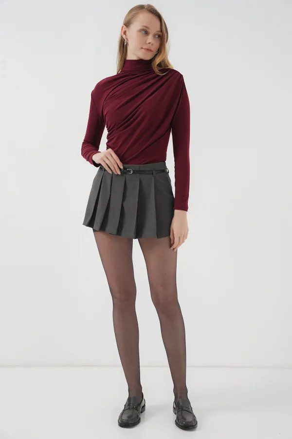 925 Büzgü Detaylı Sandy Bluz - Bordo