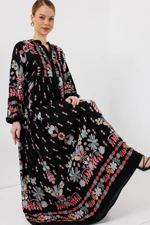 2423 Authentic Patterned Hijab Dress - Black - Terracotta