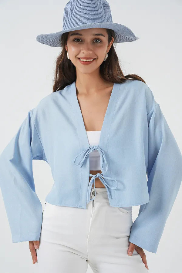 Kimono en lin noué sur le devant 960 - Bleu