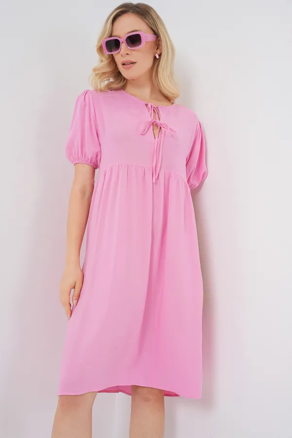 Kadın Bağcıklı Midi Elbise 2575 - Pembe