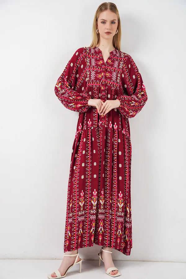 Kadın Desenli Uzun Tesettür Elbise 2585 - K. Kırmızı