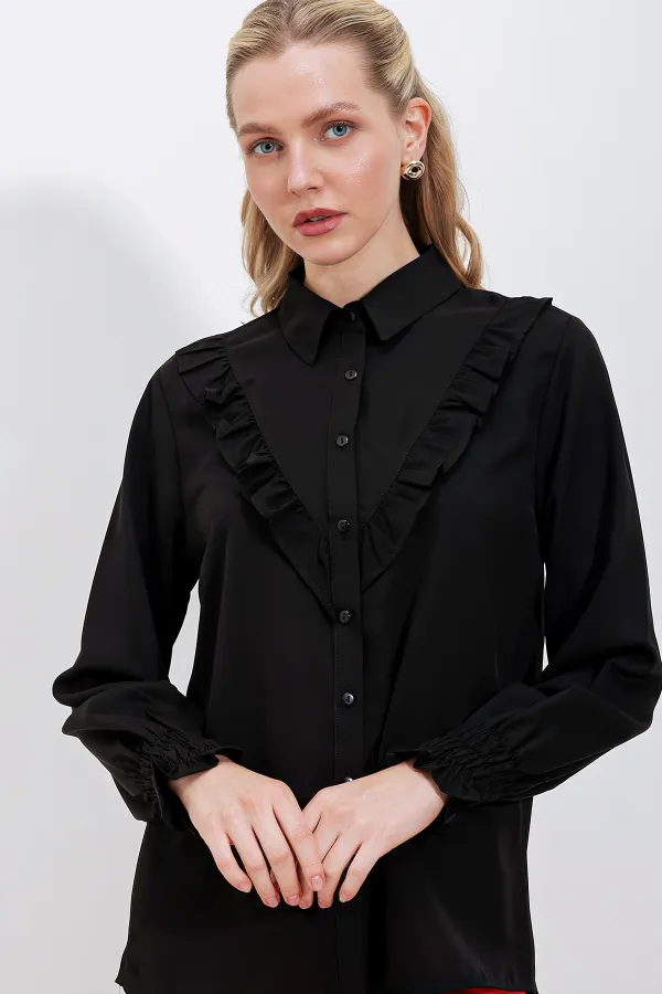 Chemise à manches longues à volants 20223 - Noire