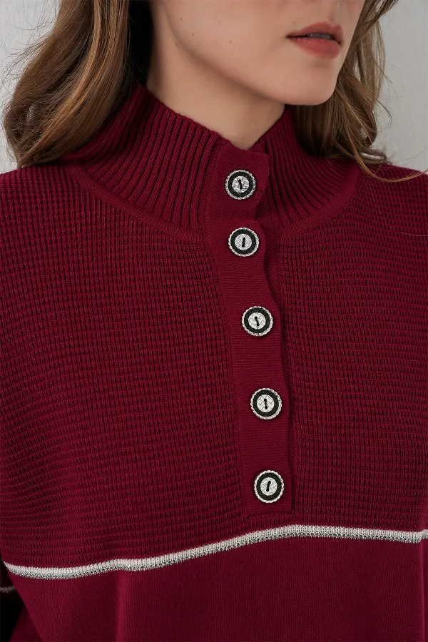 Kadın Çizgili Oversize Triko İkili Takım 15957 - Bordo