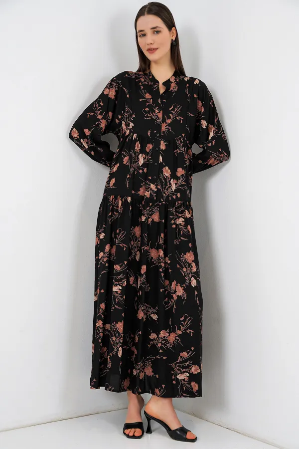 Kadın Desenli Uzun Tesettür Elbise 2585 - B. Siyah