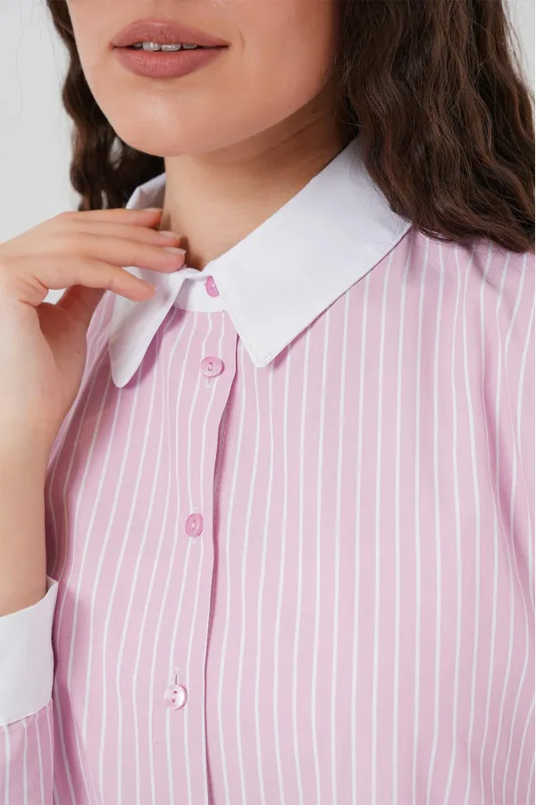 Kadın Çizgili Gömlek 20288 - Pembe
