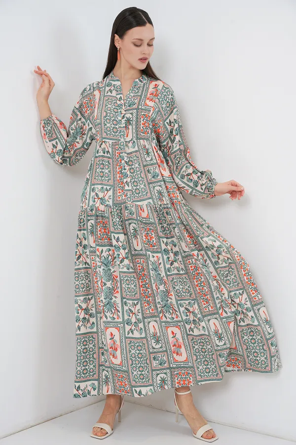 Women's Patterned Long Hijab Dress 2585 - Çağla
