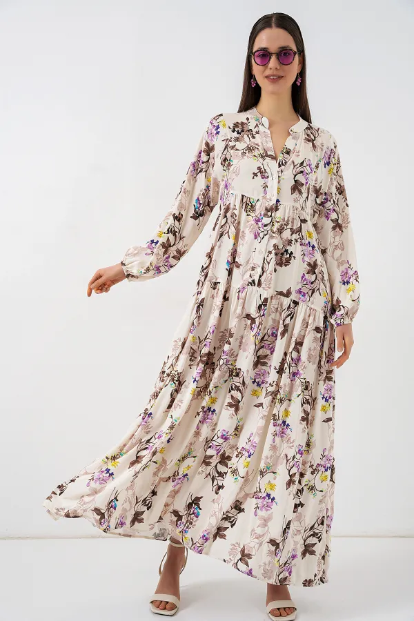 Women's Patterned Long Hijab Dress 2585 - I. Brown