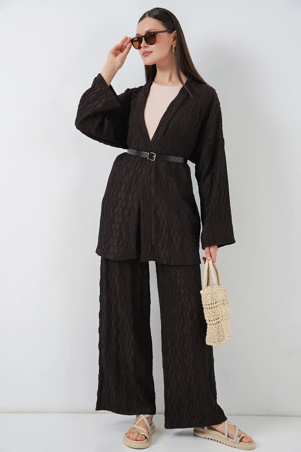 Kadın Kimono Pantolon İkili Takım 30078 - Kahverengi