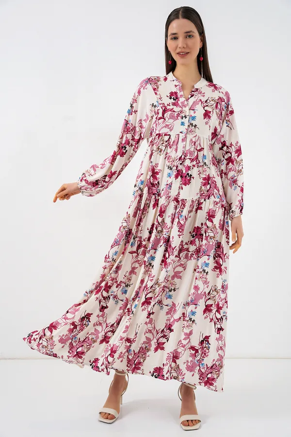 Kadın Desenli Uzun Tesettür Elbise 2585 - M. Kırmızı